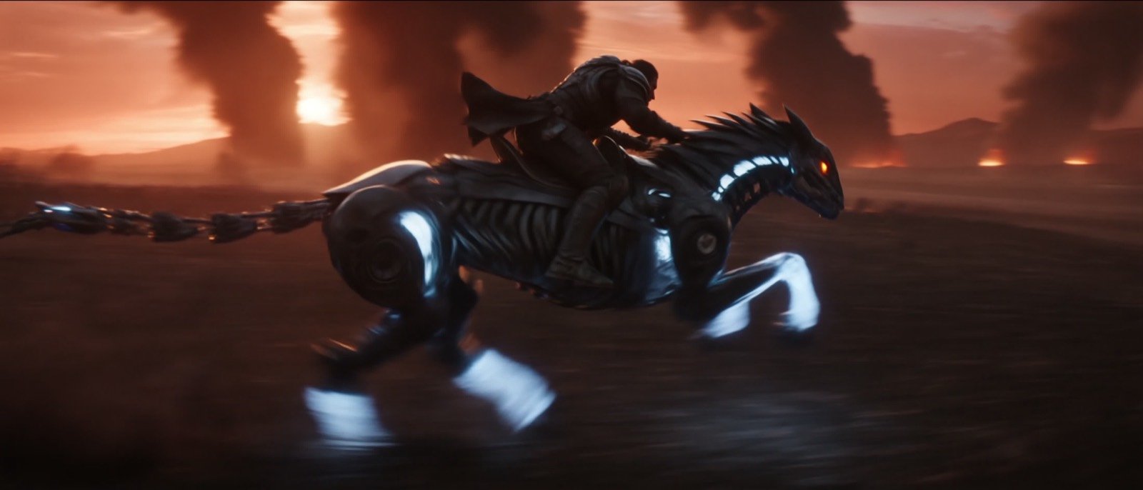 Rider on a futuristic motorbike in a dark, smoky landscape — AI short