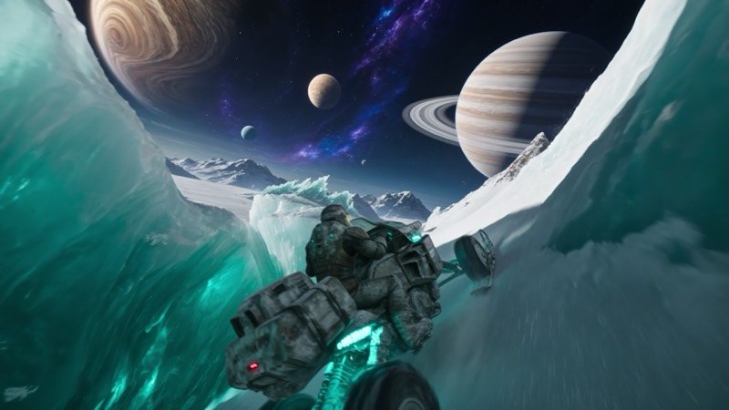 Spaceship racing through an ice tunnel towards the planets — AI short