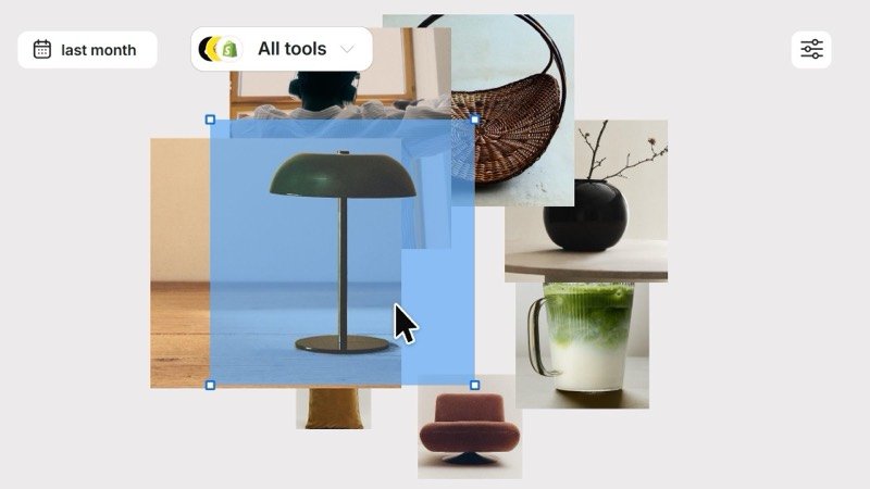 Product UI in motion: a lamp, a chair and a vase pulled into an ad dashboard