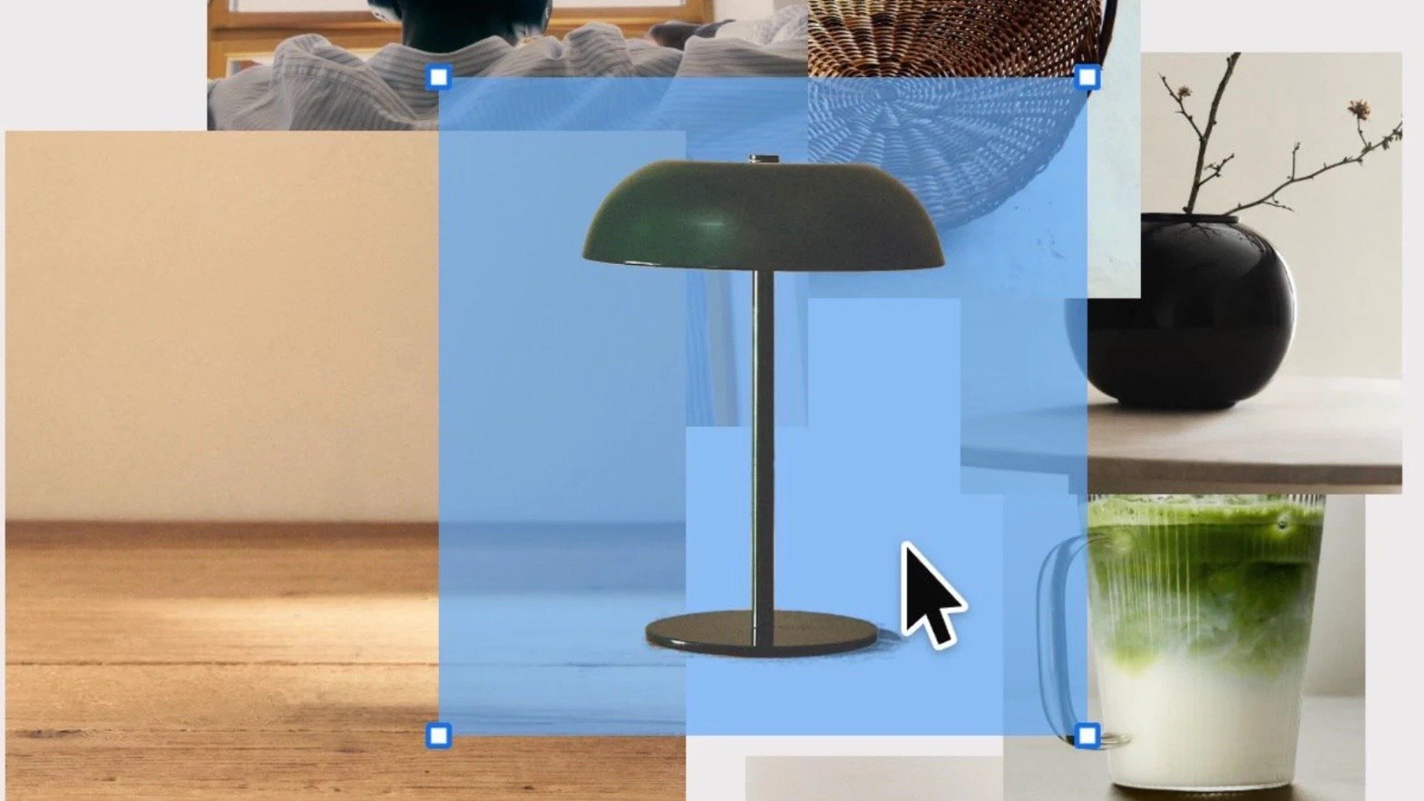Collage de producto con una lámpara seleccionada y un cursor — pieza de motion design