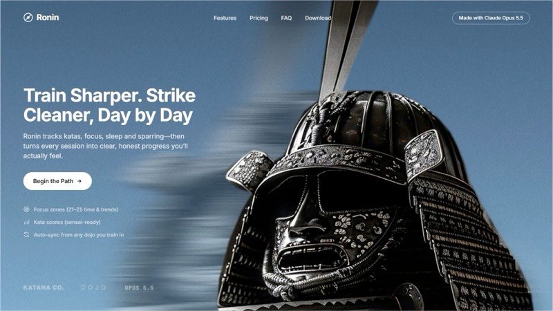 A typed prompt turns into a finished landing page with a samurai helmet
