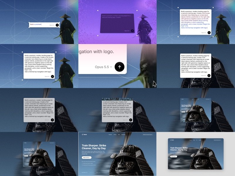 Storyboard sheet: twelve frames, from a typed prompt to the finished landing page